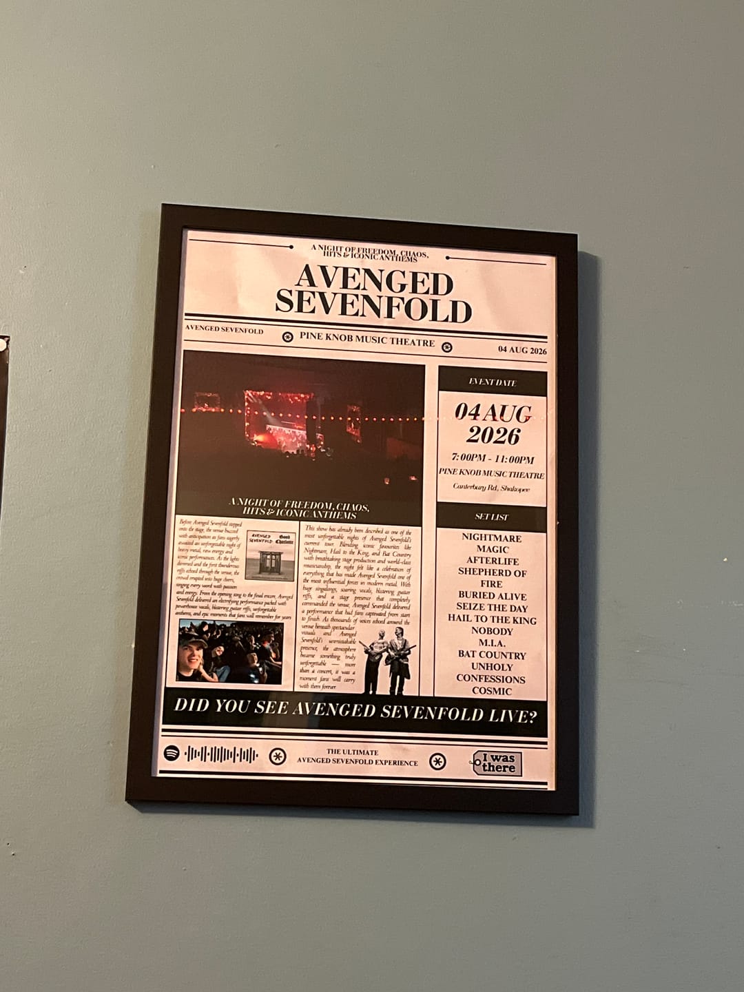 Customer photo review of Avenged Sevenfold - Personalised Newspaper Style Concert Poster (USA Tour)