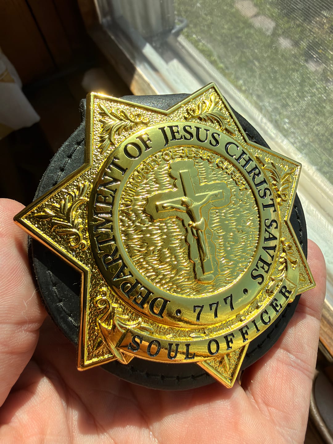 Customer photo review of DEPT. OF JESUS CHRIST SAVES 777 SOUL OFFICER BADGE Replica Movie Props