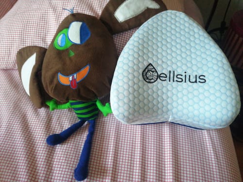 Customer's Housse de rechange Coussin Genoux avec structure alvéolée à côté d'une peluche sur un lit à carreaux