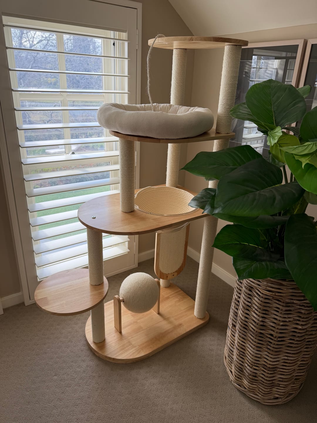 Customer photo review of Wooden Cat Tree with Vertical Sisal Scratching Board & Play Features