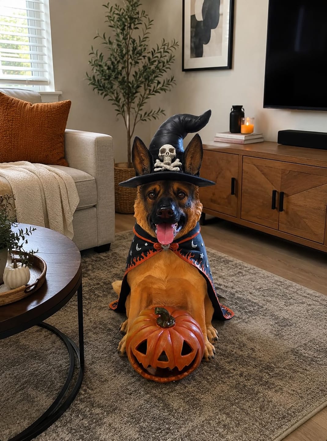 Customer photo review of Halloween German Shepherd Statue, Large Witch Dog Figurine with LED Light Up Pumpkin