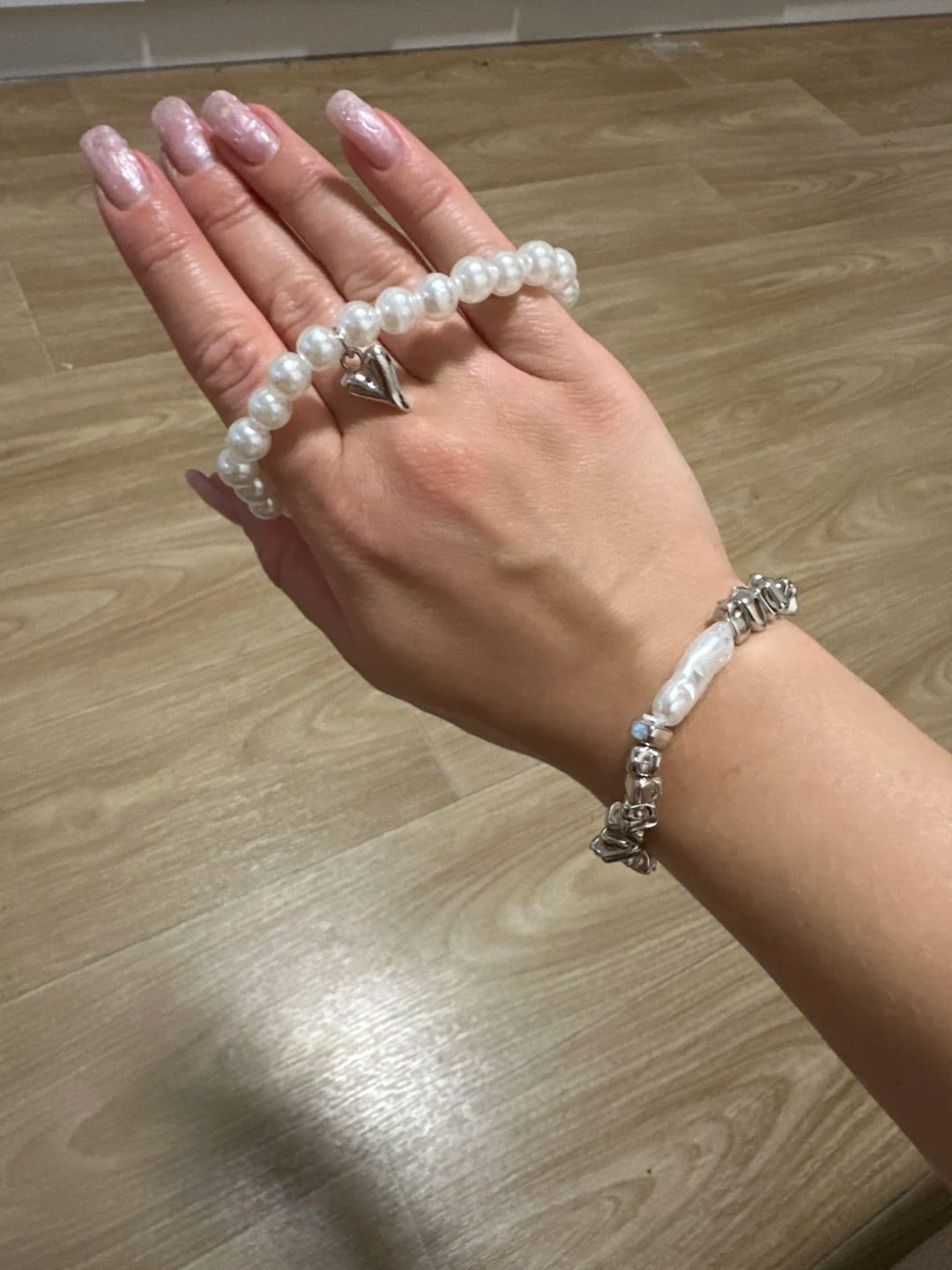 Customer photo review of Isla Two-Piece Pearl and Heart Charm Bracelet Set