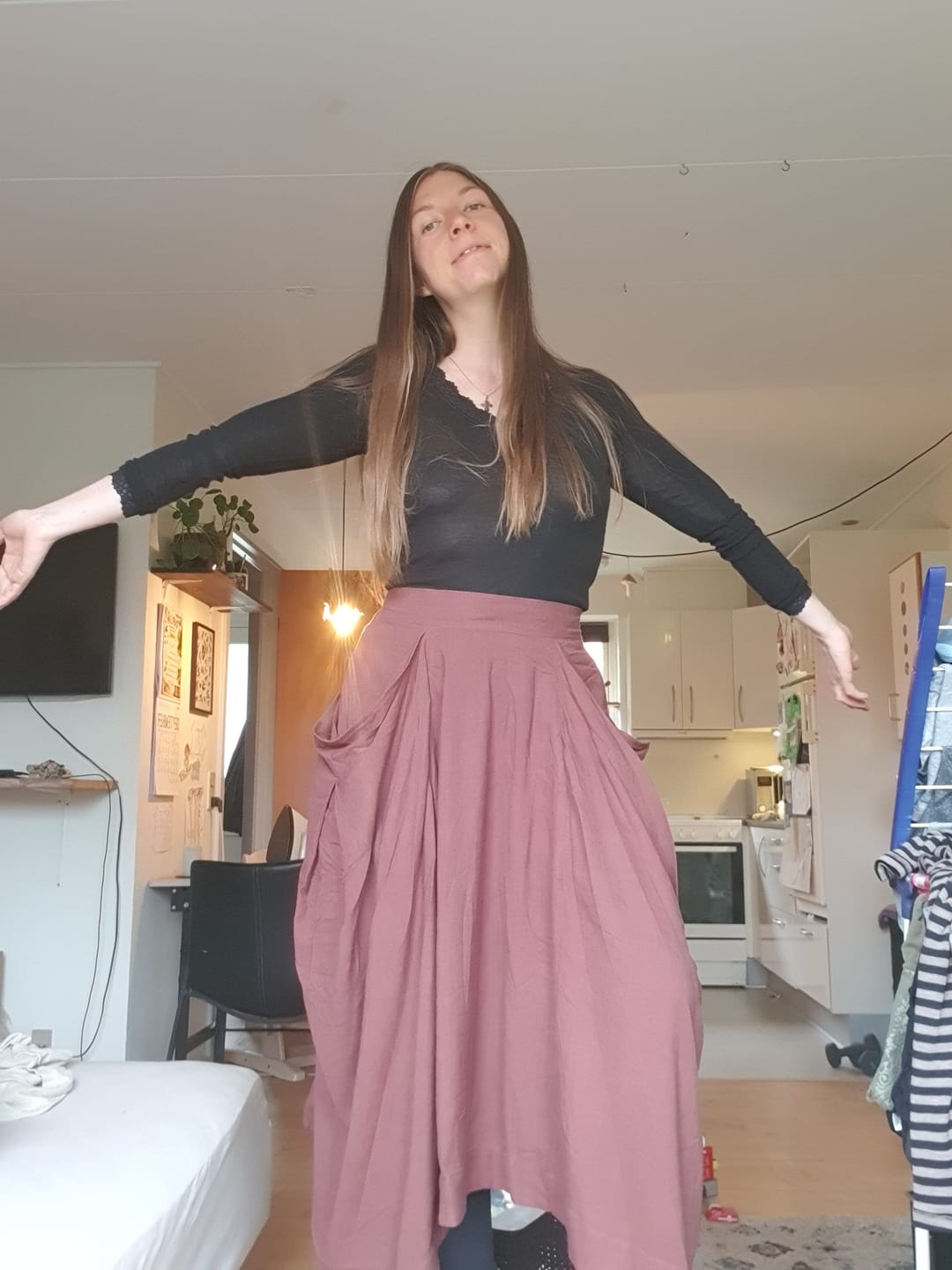 Customer photo review of Brown Linen Asymmetrical Skirt - Flowy Casual with Pockets C3918