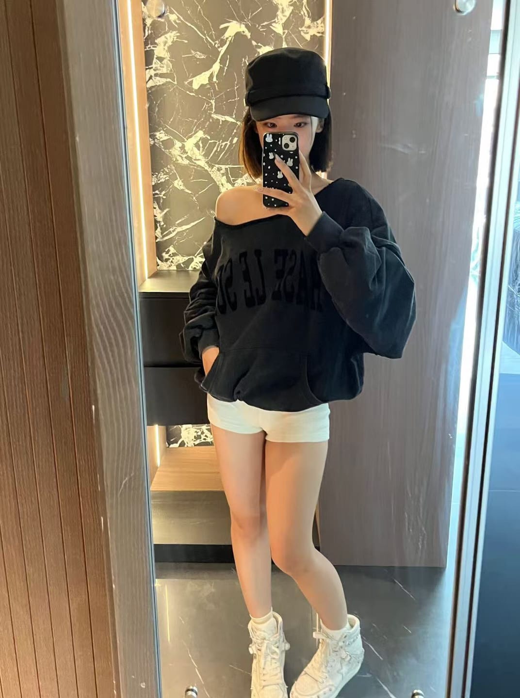 Customer photo review of Rase le sol Deconstructed Wide-Neck Sweatshirt & Micro Shorts Set