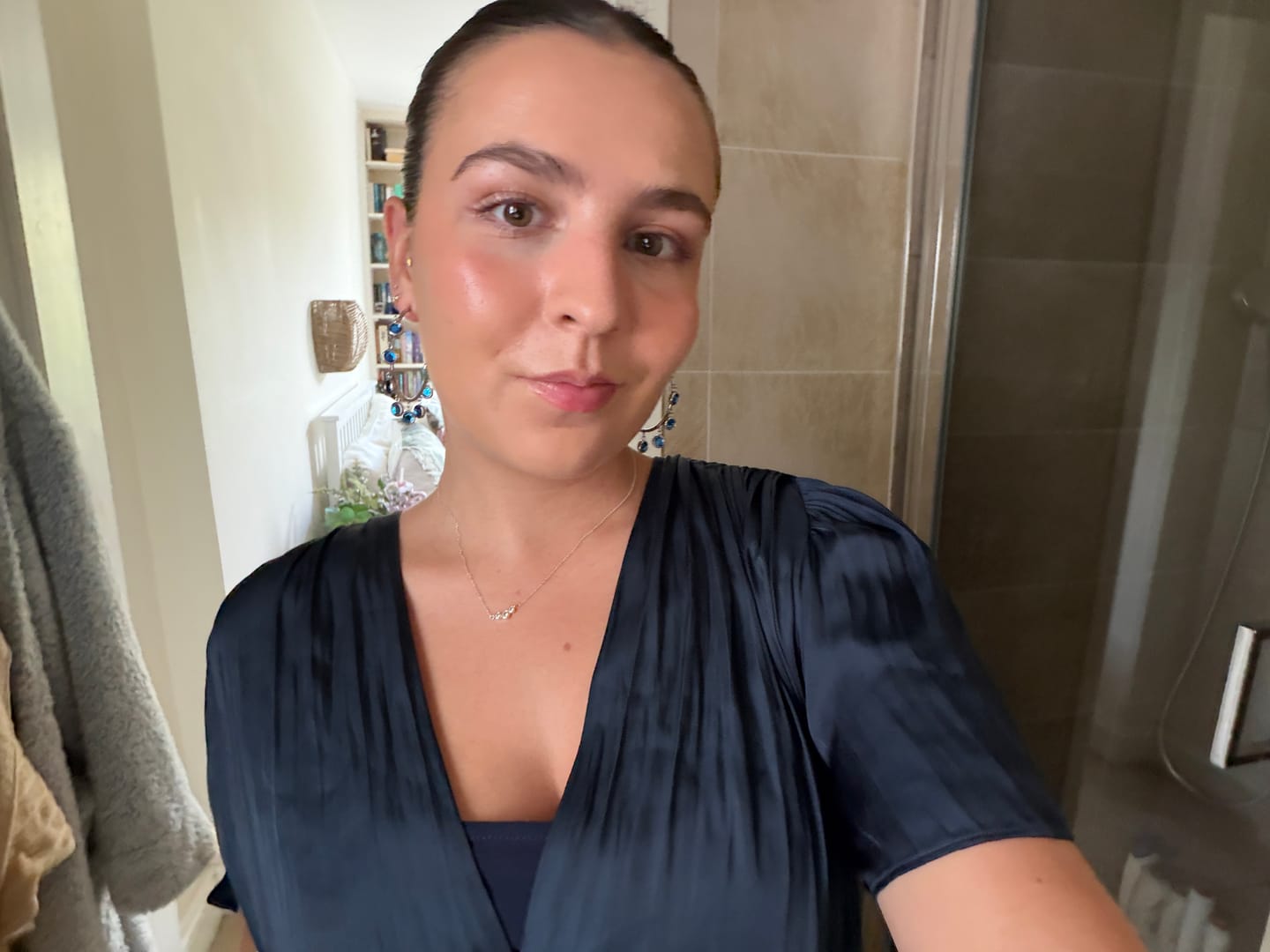 Customer photo review of Faiza Silver Blue Droplet Statement Hoops