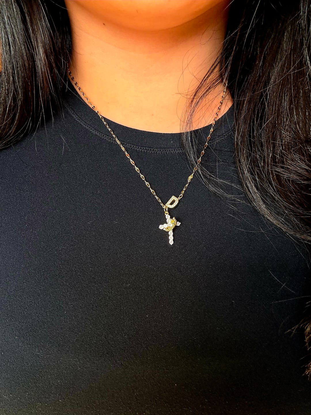 Customer photo review of Christianartworkshop Golden & Silver-Tone Personalized A-Z Initial Crown Cross Necklace: Custom Sacred Faith Monogram Pendant Jewelry