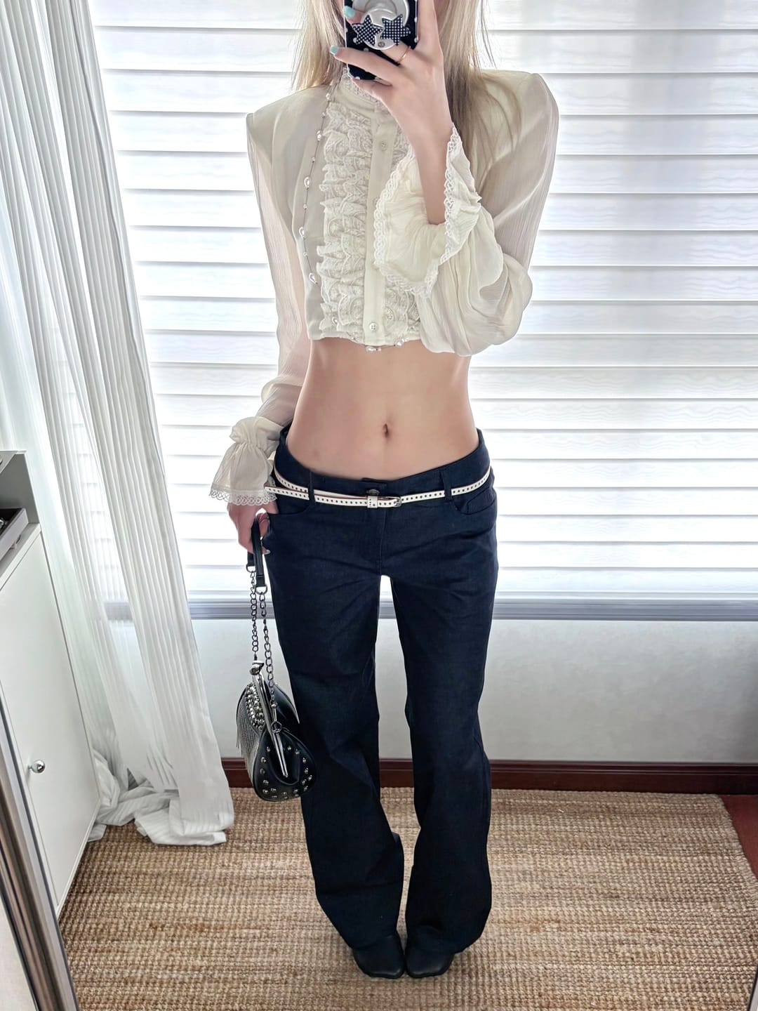 Customer photo review of Hydrae Lace Ruffle Cropped Blouse High Neck Sheer Long Sleeve Top