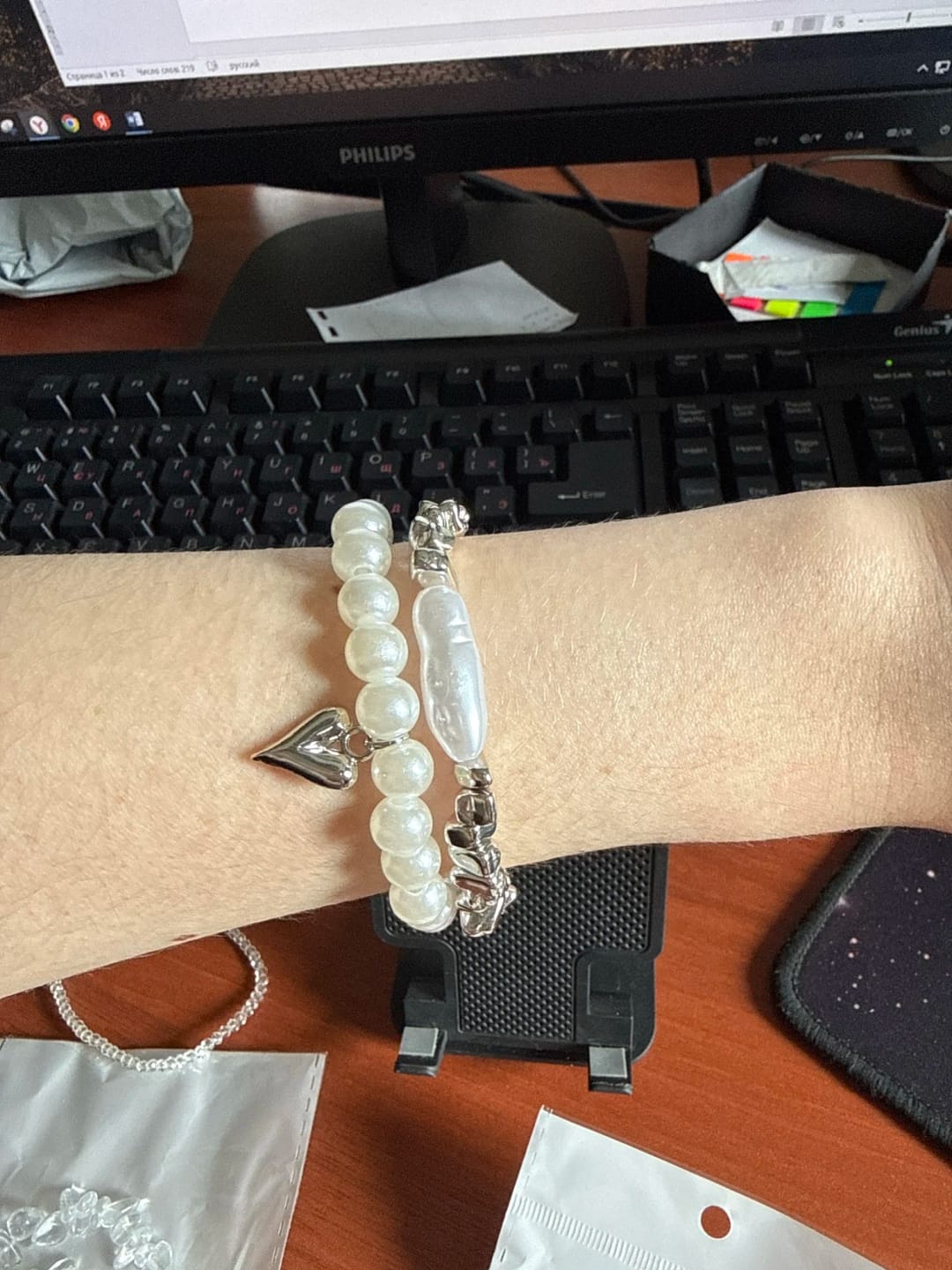 Customer photo review of Isla Two-Piece Pearl and Heart Charm Bracelet Set