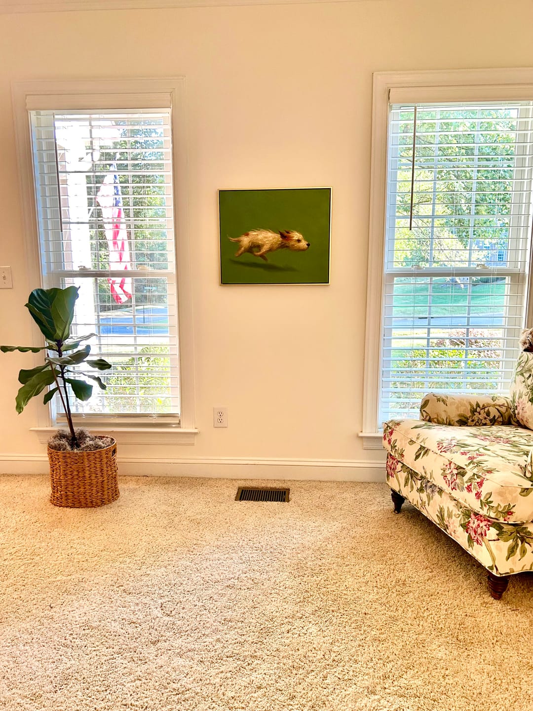 Customer photo review of Free Spirit Run – Sage Green Minimalist Impasto Dog Oil Painting | Modern Cozy Pet Theme Hallway Art