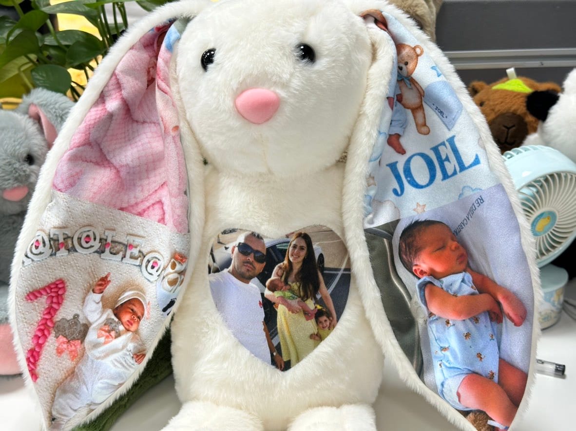Customer photo review of Custom Heart Photo Bunny Plush