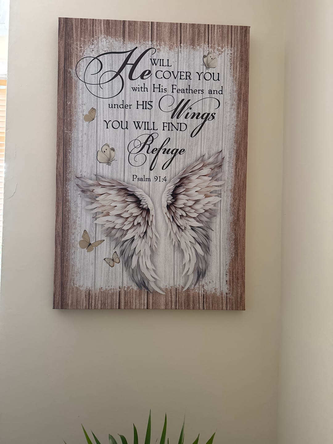 Customer photo review of Rustic Psalm 91:4 He Will Cover You With His Feathers Wall Art Canvas Print