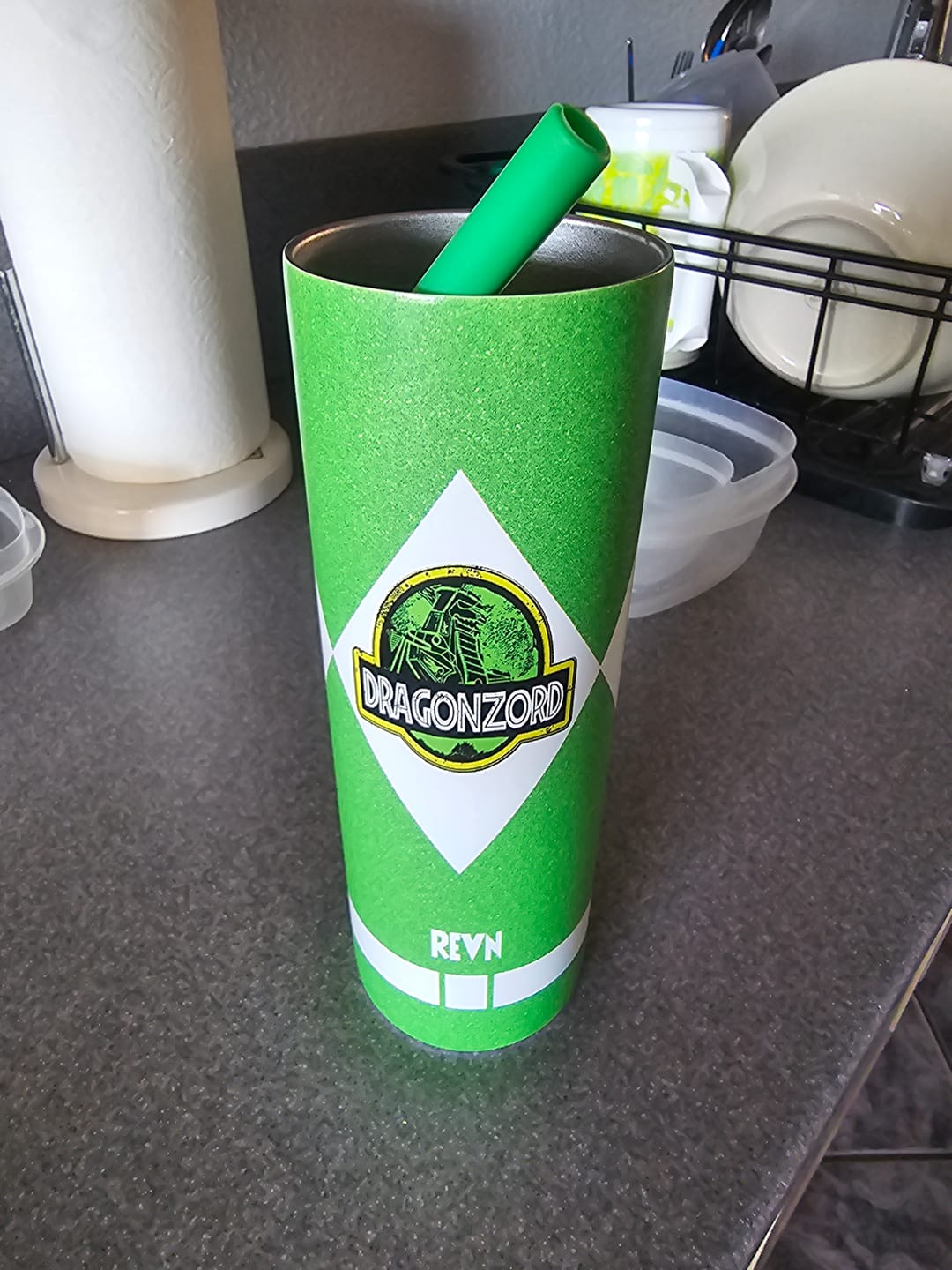 Customer photo review of Gearhumans 3D MIGHTY MORPHIN Power Ranger DragonZord Green Custom Name Glitter Design Insulated Vacuum Tumbler
