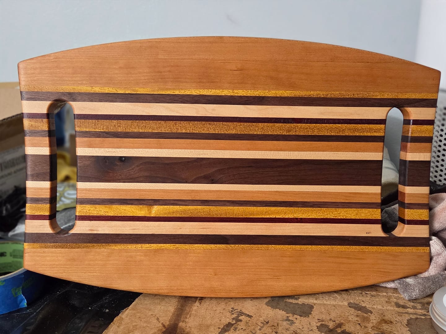 Customer photo review of 15.75x10" Warped Rectangle Dual Handle Serving Board Acrylic Router Template