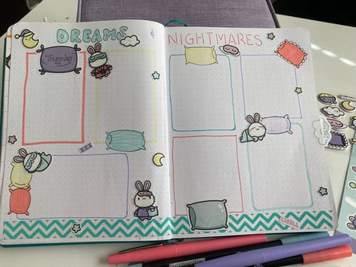 Reviewer's journal decorated with cute Sticker Subscription slumber party stickers and colorful borders.