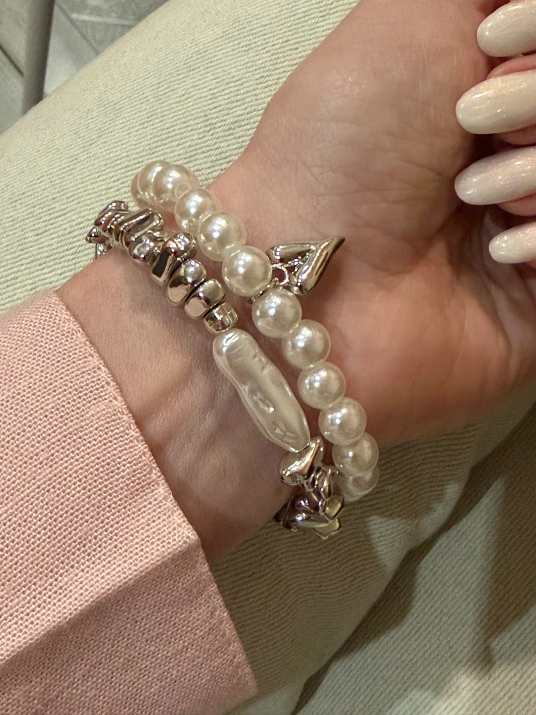 Customer photo review of Isla Two-Piece Pearl and Heart Charm Bracelet Set