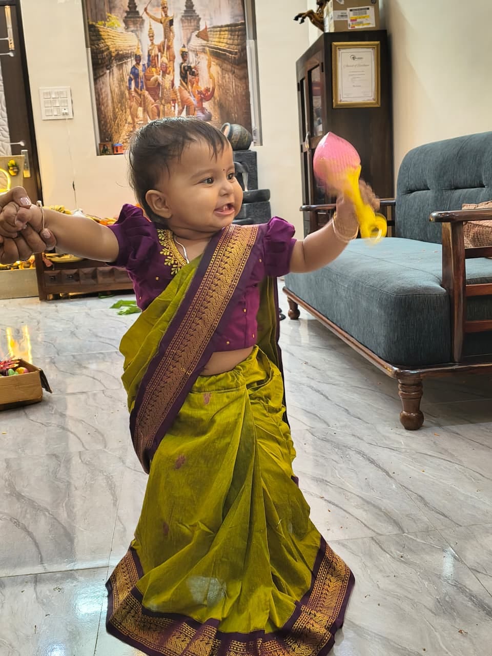 Customer photo review of Green and wine  - Ready to wear saree for kids Ethnic wear for baby girl