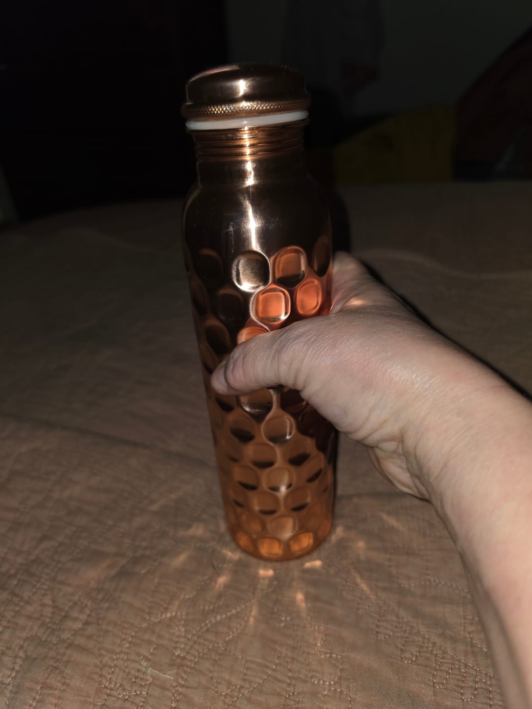 Customer photo review of Special Edition Diamond-Cut Honeycomb Copper Water Bottle | Textured Anti-Slip Grip