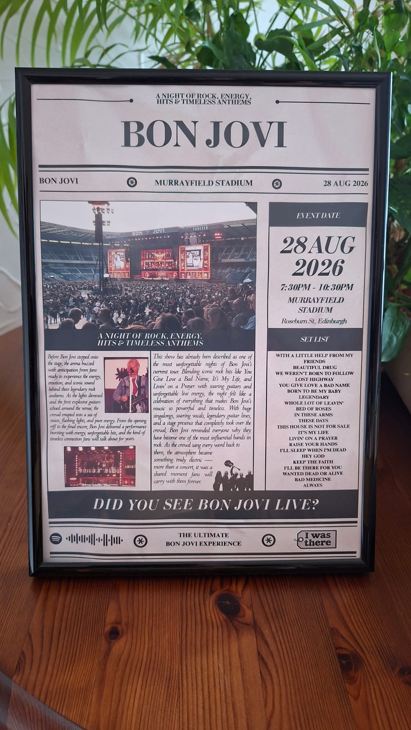 Customer photo review of Bon Jovi - Personalised Newspaper Style Concert Poster