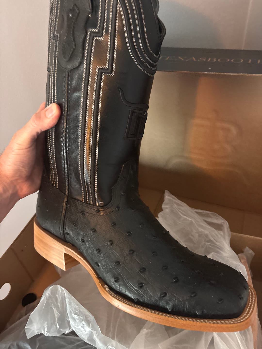 Customer photo review of Black Ostrich Leather Boots - Square Toe