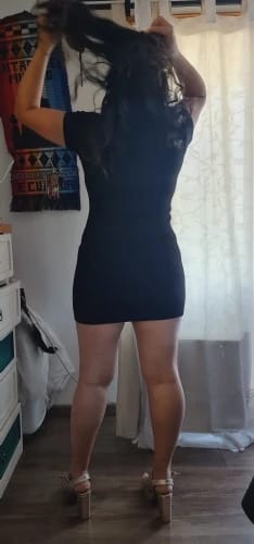 Customer photo review of Robe Camille – Mini robe moulante froncée à col montant