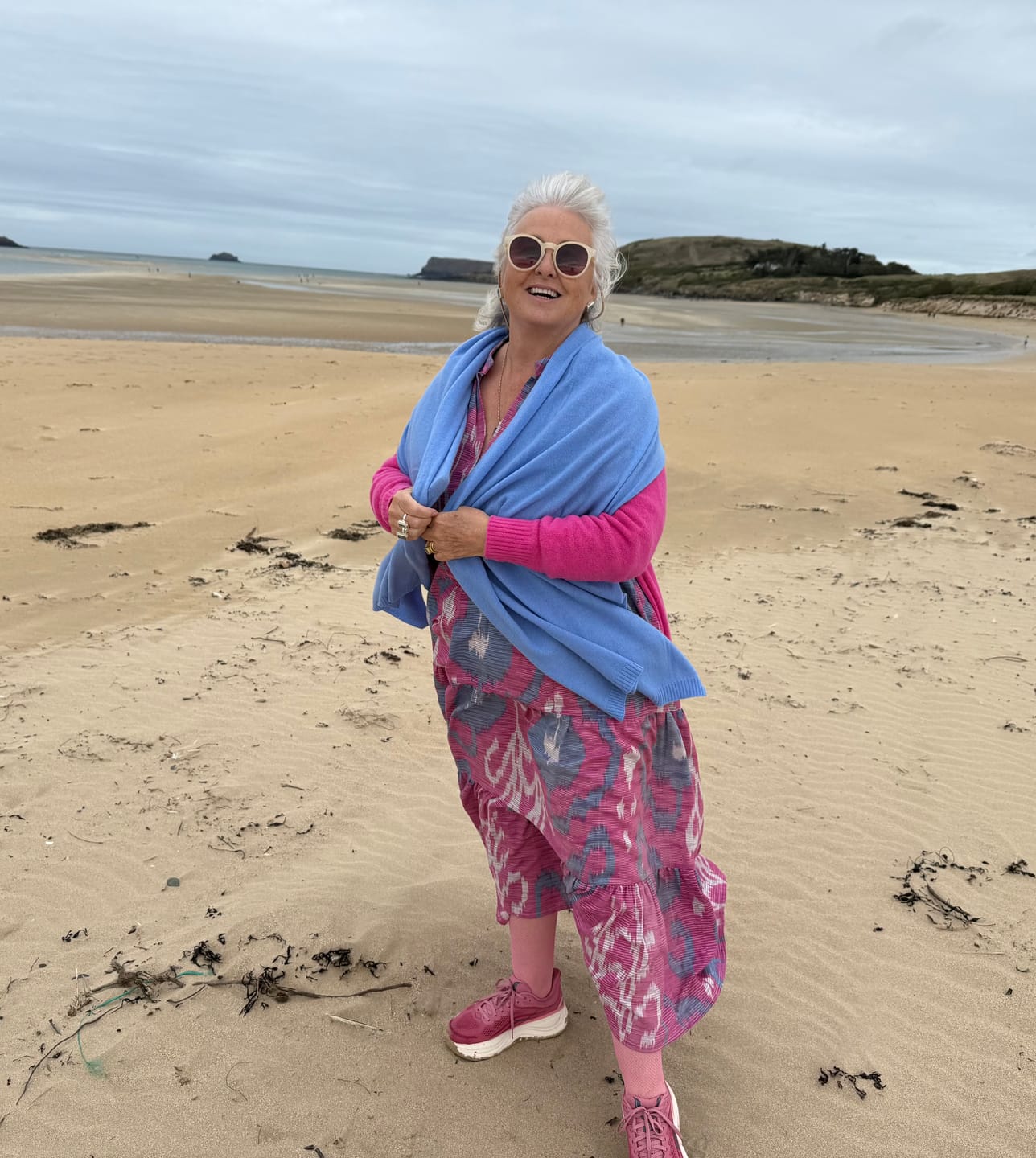 Customer photo review of Brand New Periwinkle Purple Recycled Cashmere Wrap