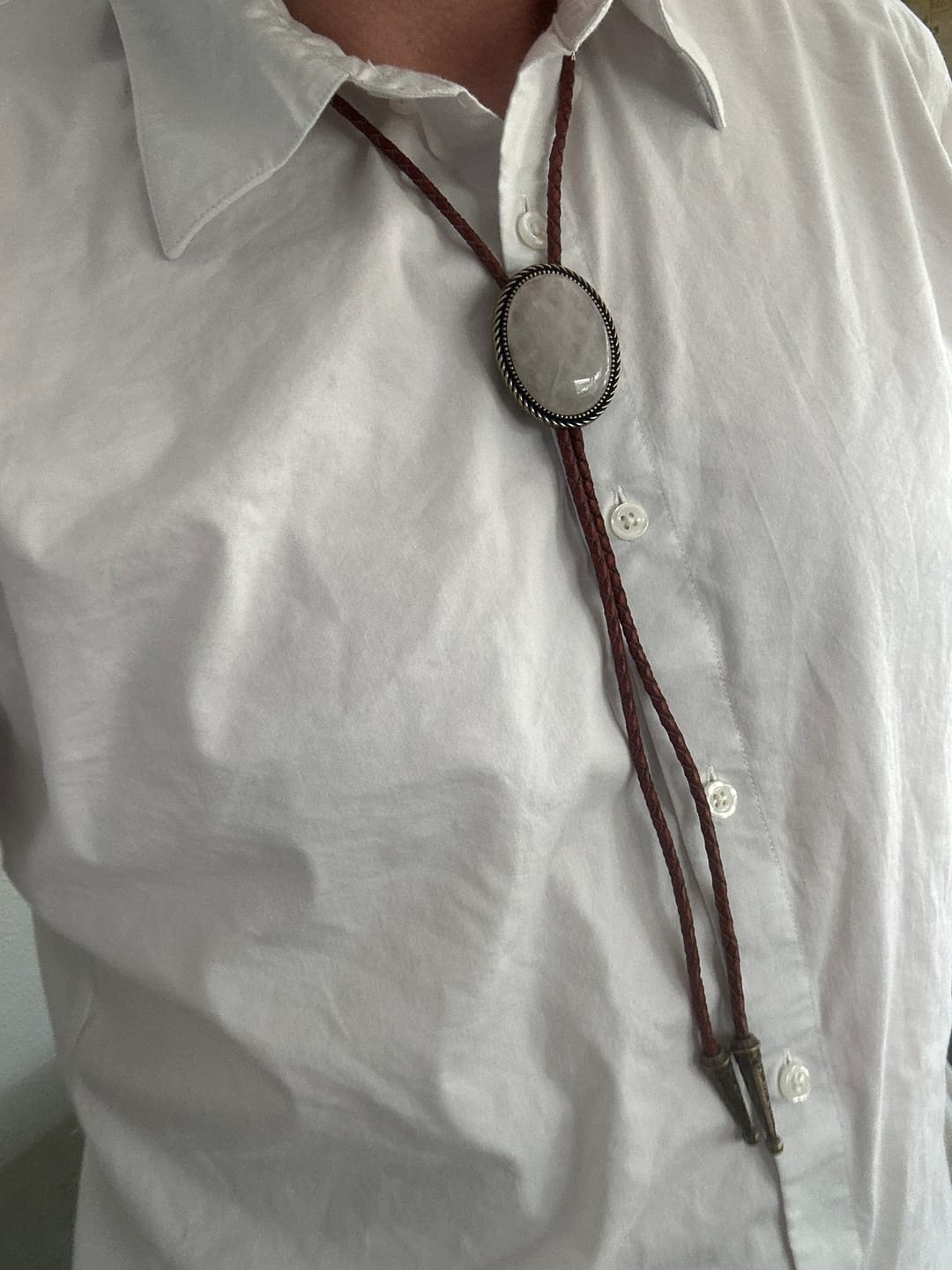Customer photo review of The Rosada – Rose Quartz Bolo Tie with Genuine Leather