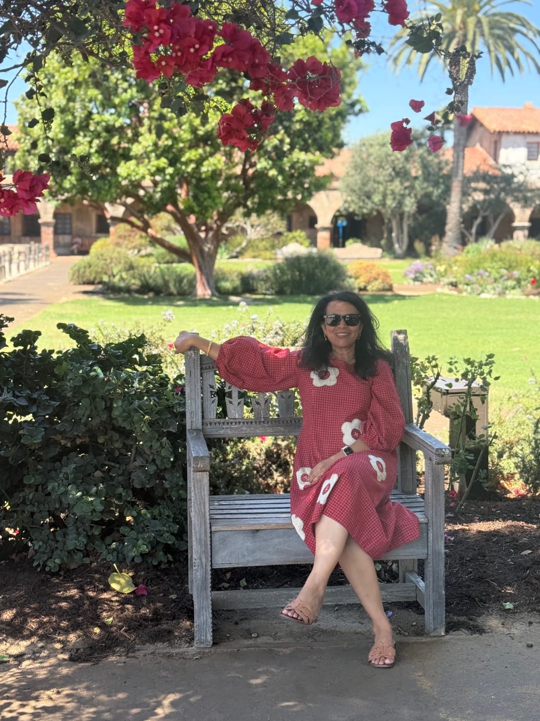 Customer photo review of Red Micro Grid Cotton Peasant Sleeve Dress