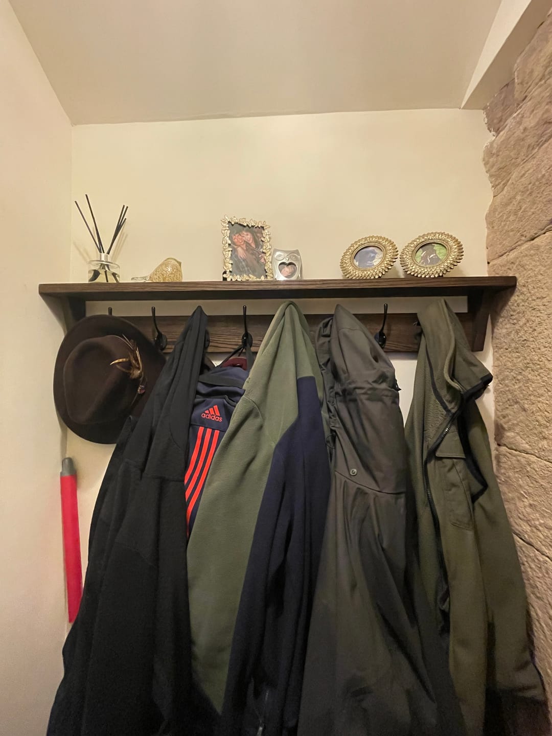 Customer photo review of Solid Oak Coat Rack With Storage Shelf