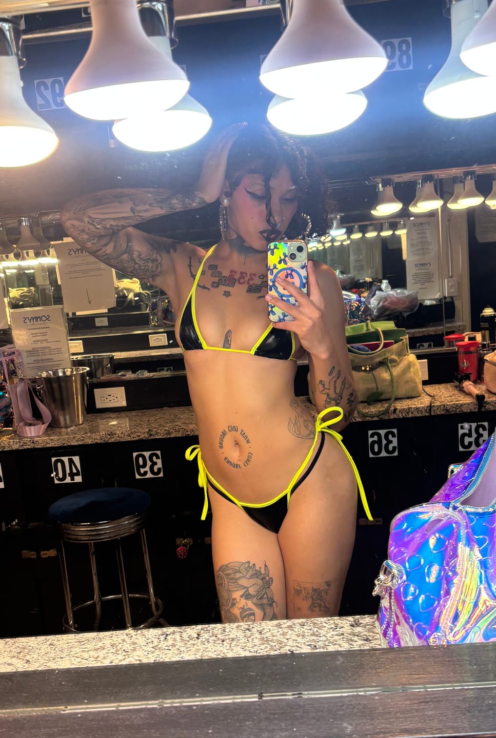 Customer photo review of Lil Succubus Side Tie Set: Black Vinyl & Neon Yellow