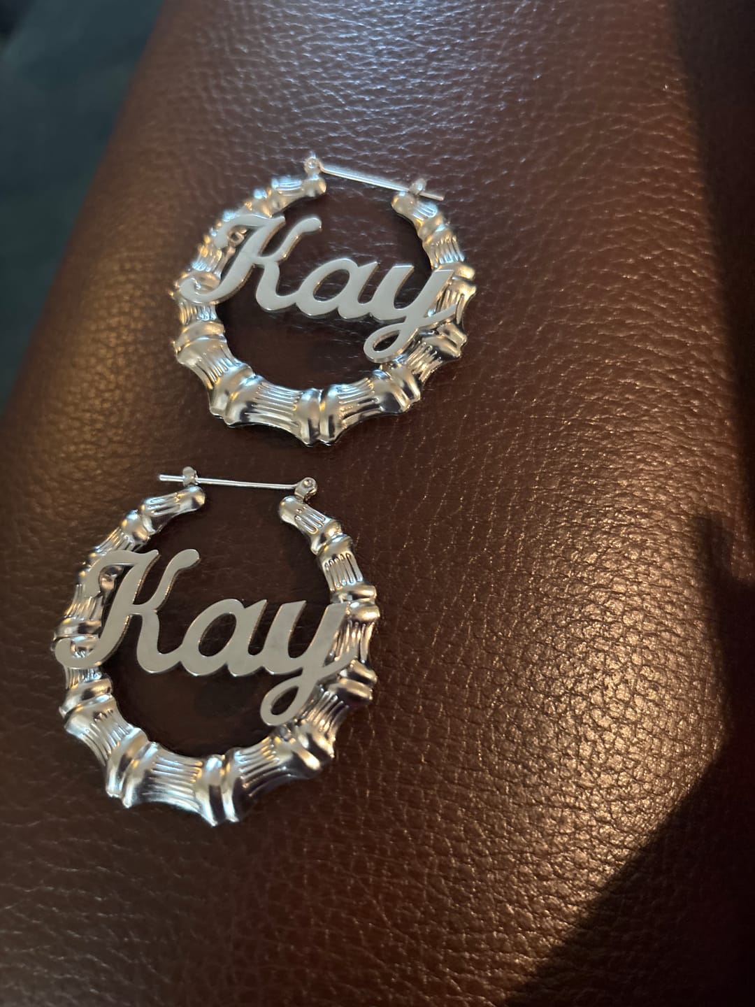 Customer photo review of Bamboo Name Hoop Earrings