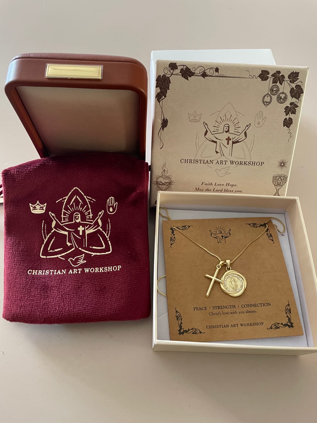 Customer photo review of FREE Today: Double Pendant Necklace with Zircon-Encircled Our Lady Medallion & Polished Cross Charm