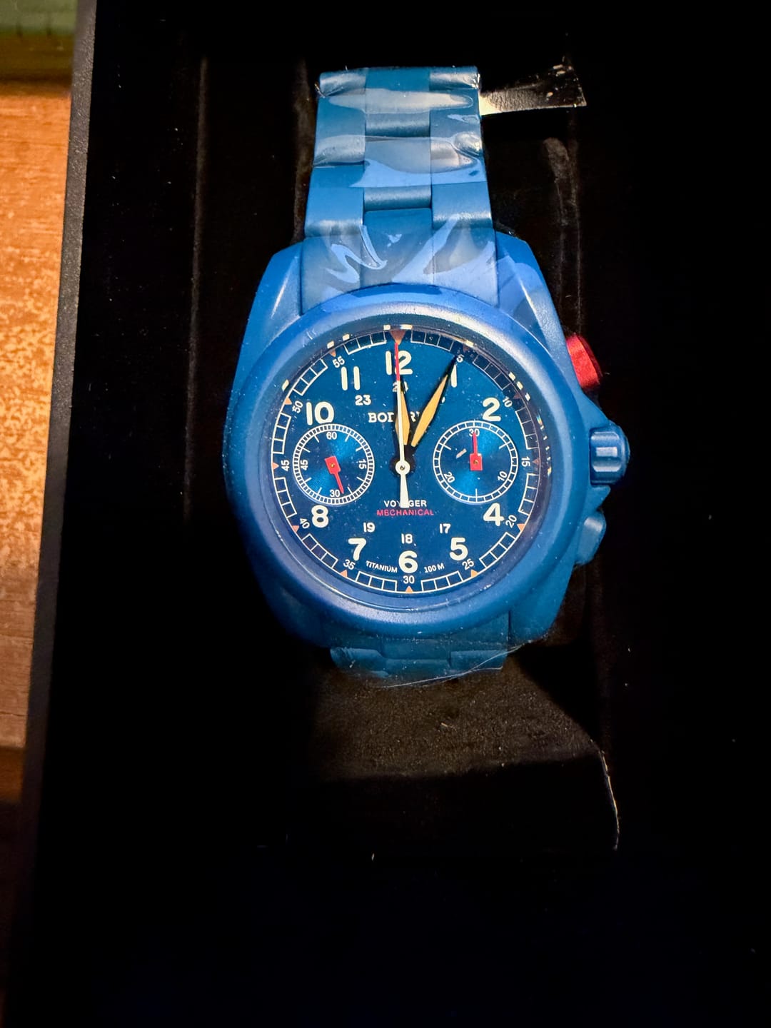 Customer photo review of VOYAGER Chronograph - Titanium Mechanical Field Watch, 100M Water Resistant | Cerulean Blue/Bracelet