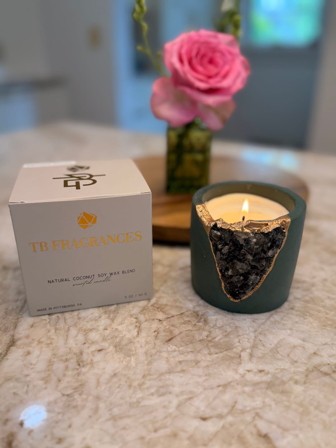 Customer photo review of Emerald Velvet Geode Candle