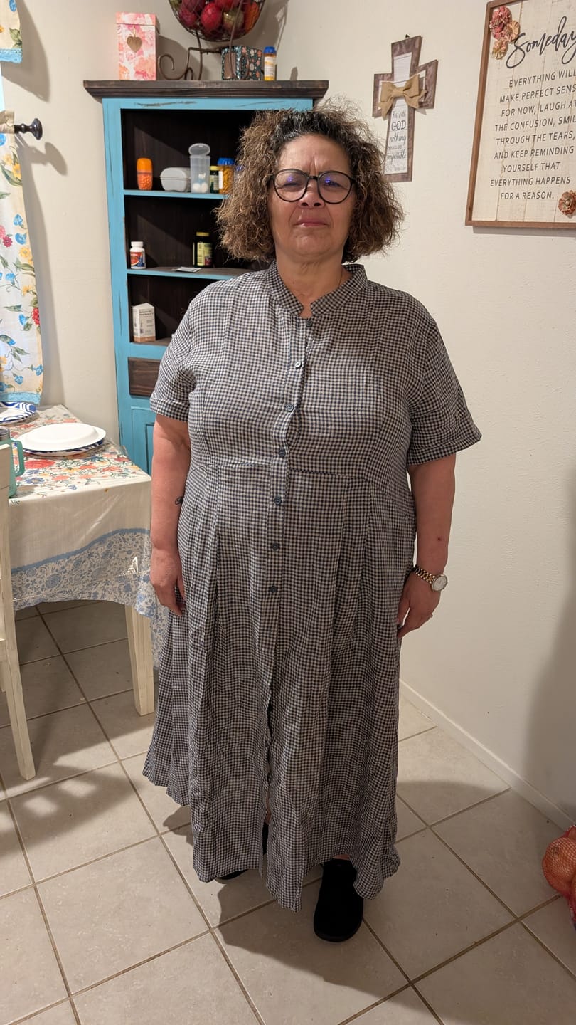 Customer photo review of Plus Size Women Summer Plaid Stand Collar 100%Linen Loose Dress