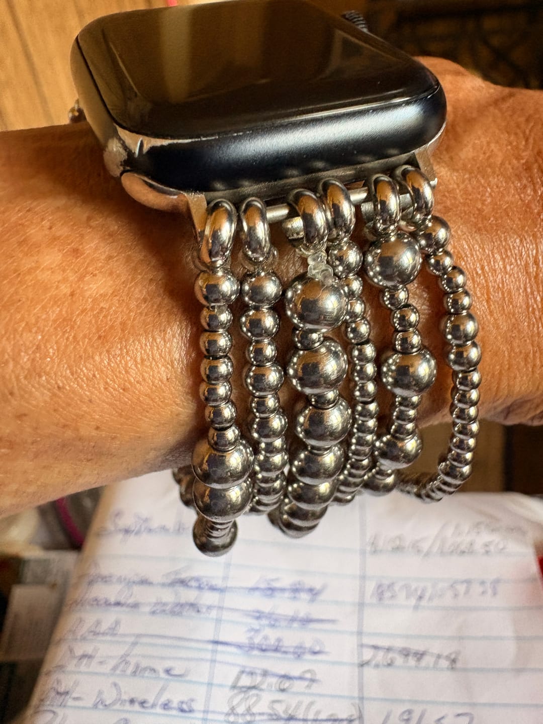 Customer photo review of Platinum Demure Stretch Apple Watch Strap
