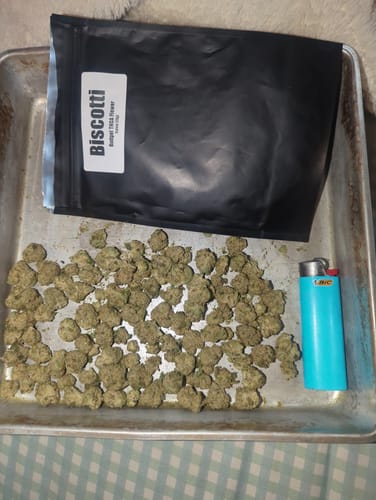 Customer's Biscotti THCA Flower, small green buds spread on a tray next to the product bag and a blue lighter.