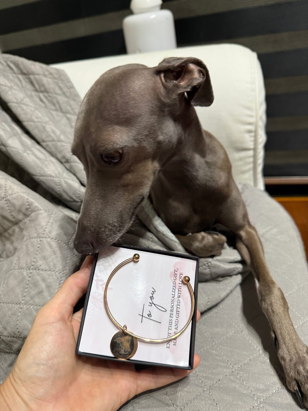 Customer photo review of Personalized Pet Portrait Bangle – Engraved Photo Keepsake