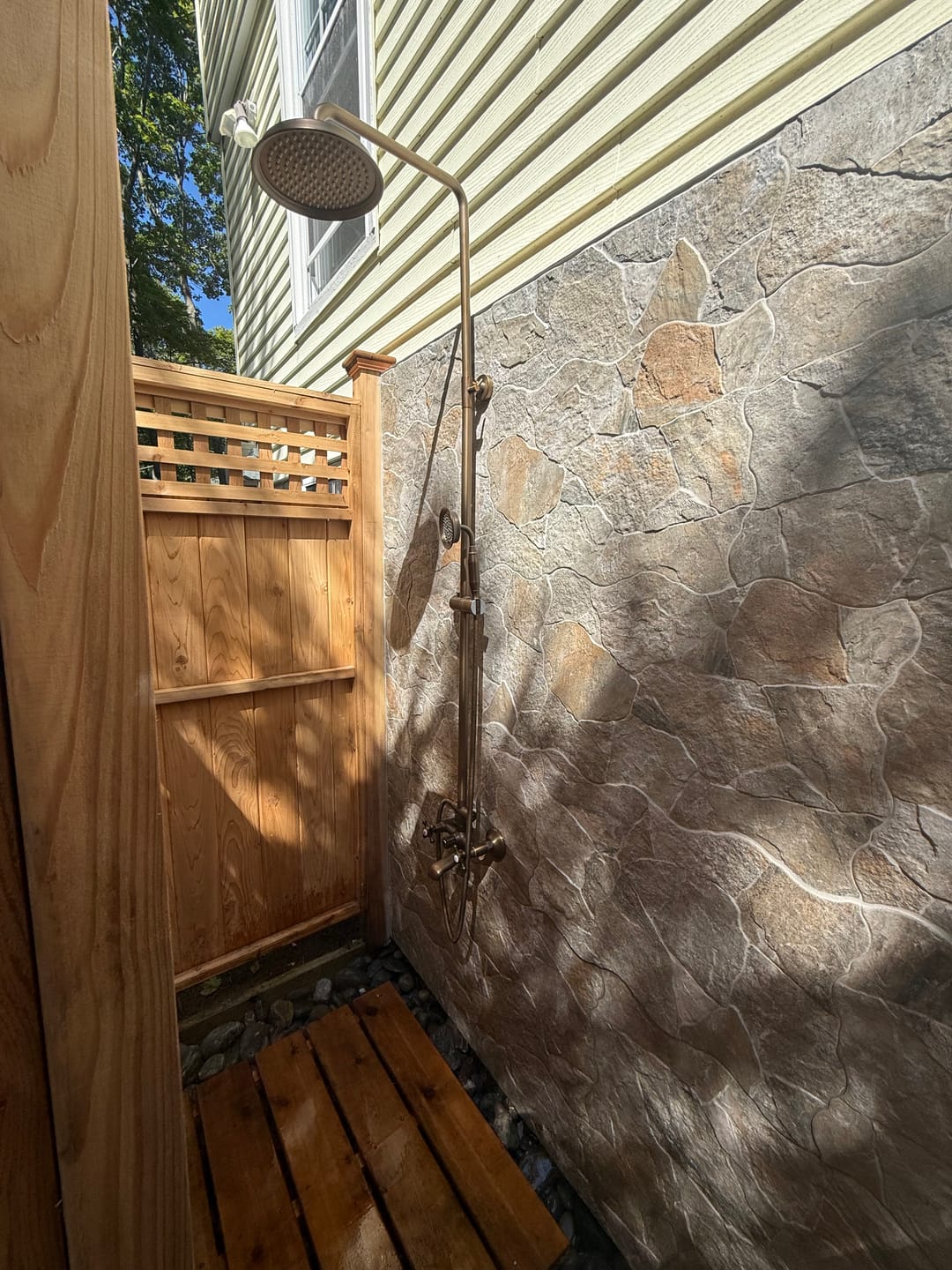 Customer photo review of 3-Function Antique Brass Outdoor Shower with Rainfall Head, Handheld Sprayer & Lower Spout