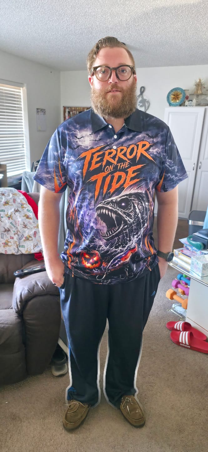 Customer photo review of Terror On The Tide Halloween Polo Shirt