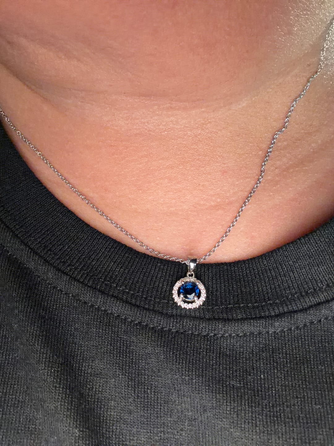 Customer photo review of Sterling Silver Birthstone Halo Pendant Necklace
