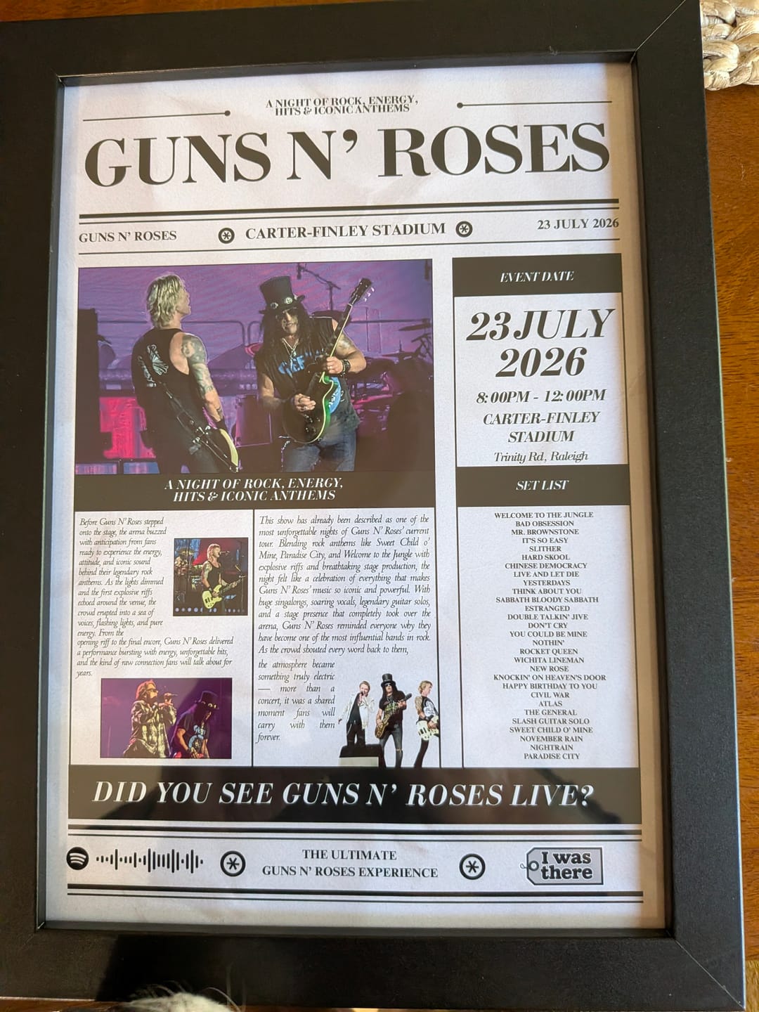 Customer photo review of Guns N'Roses - Personalised Newspaper Style Concert Poster (USA Tour)
