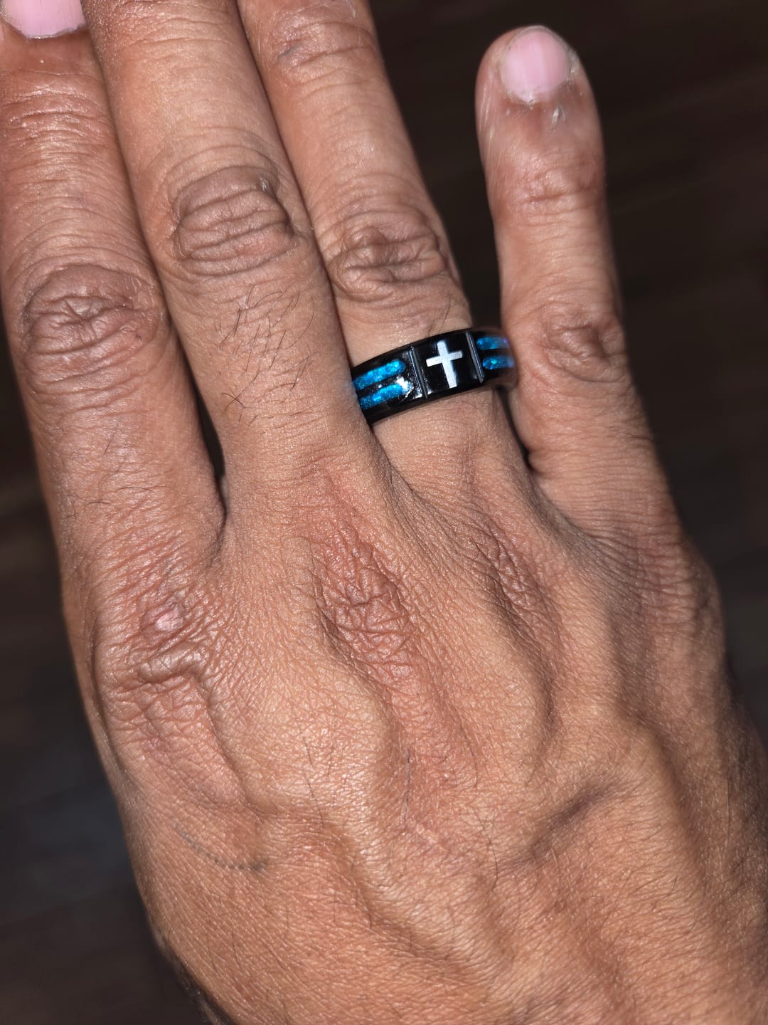 Customer photo review of Christianartworkshop Modern Titanium Steel Cross Ring with Laser Blue Inlay: Serenity in Christ's Blue Light