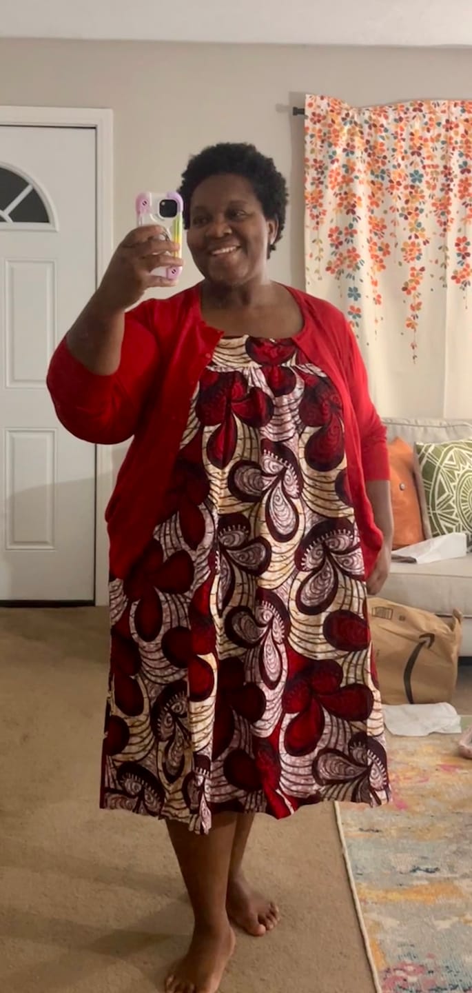 Customer photo review of ELSIE AFRICAN PRINT SPAGHETTI STRAP MIDI DRESS [RED]