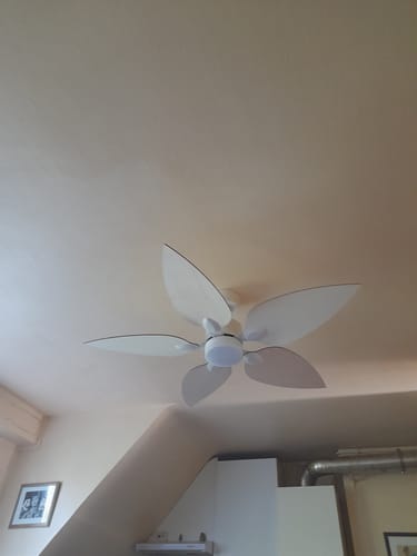 Reviewer's Virevole ceiling fan with light wood blades installed on a ceiling.