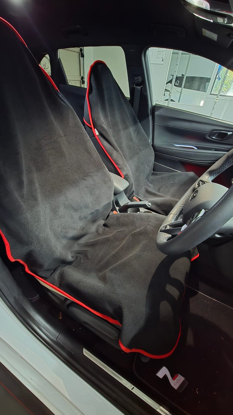Customer photo review of Waterproof Car Seat Towel – Black Racing Red |  Towel Society
