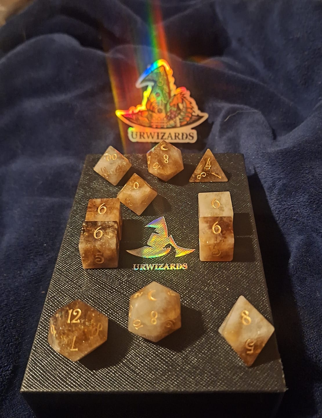 Customer photo review of URWizards D&D Citrine Gemstone Engraved Dice Set(Limited edition)