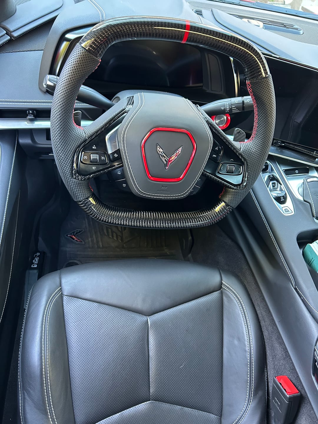 Customer photo review of 2020-Up Corvette C8 CARBON FIBER Perforated Leather Red Stripe Steering Wheel