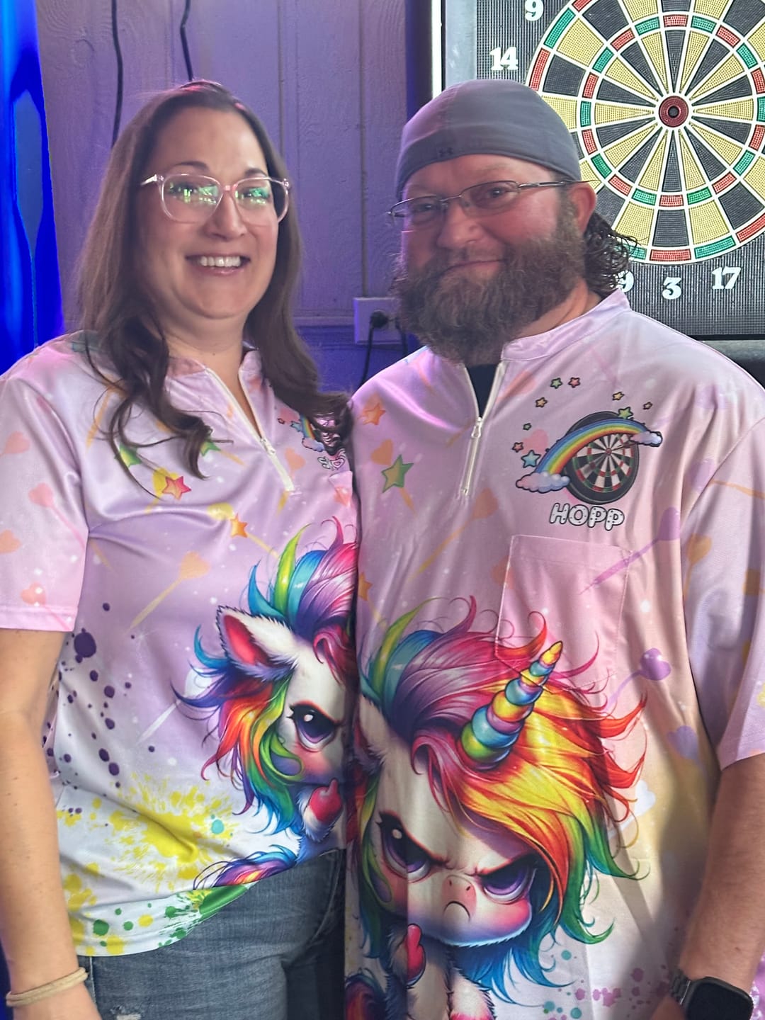 Customer photo review of Maxcorners Darts Cute Angry Unicorn Rainbow Dartboard Personalized Name 3D Unisex Shirt