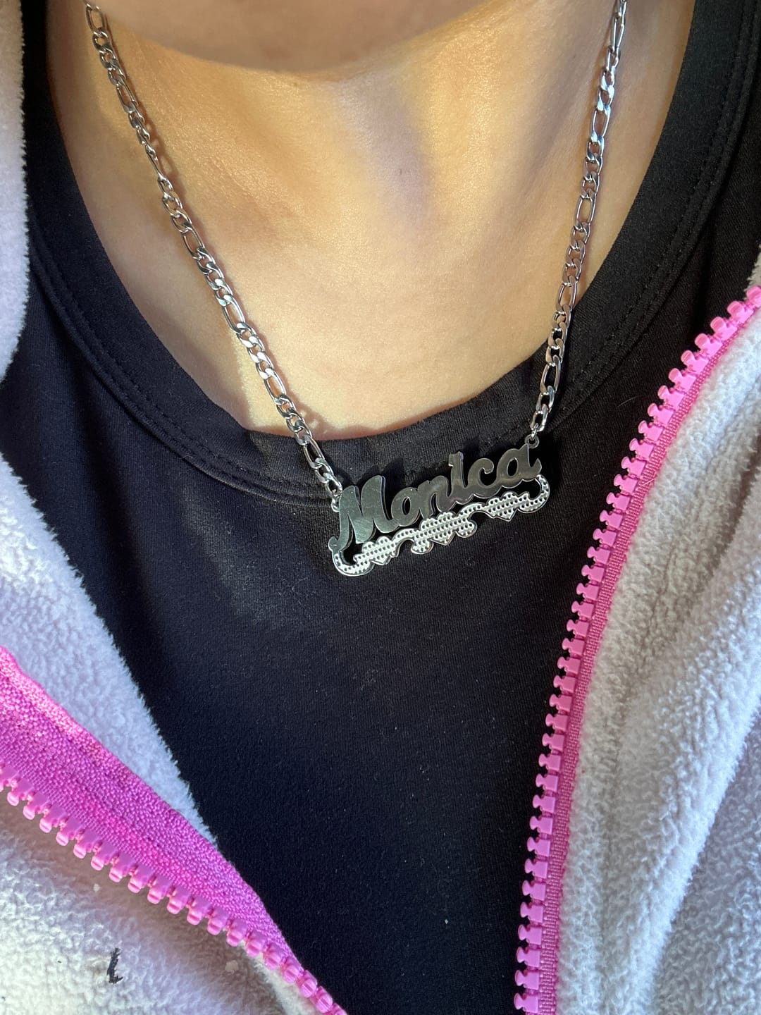 Customer photo review of Double Plated Triple Heart Name Necklace w/ Cuban Chain