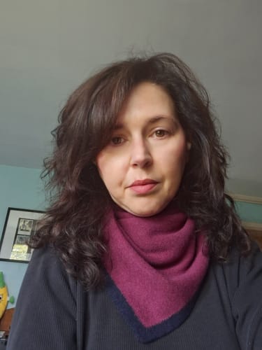 Customer photo review of Brand New Mulberry and Navy Recycled Cashmere Triangle Scarf